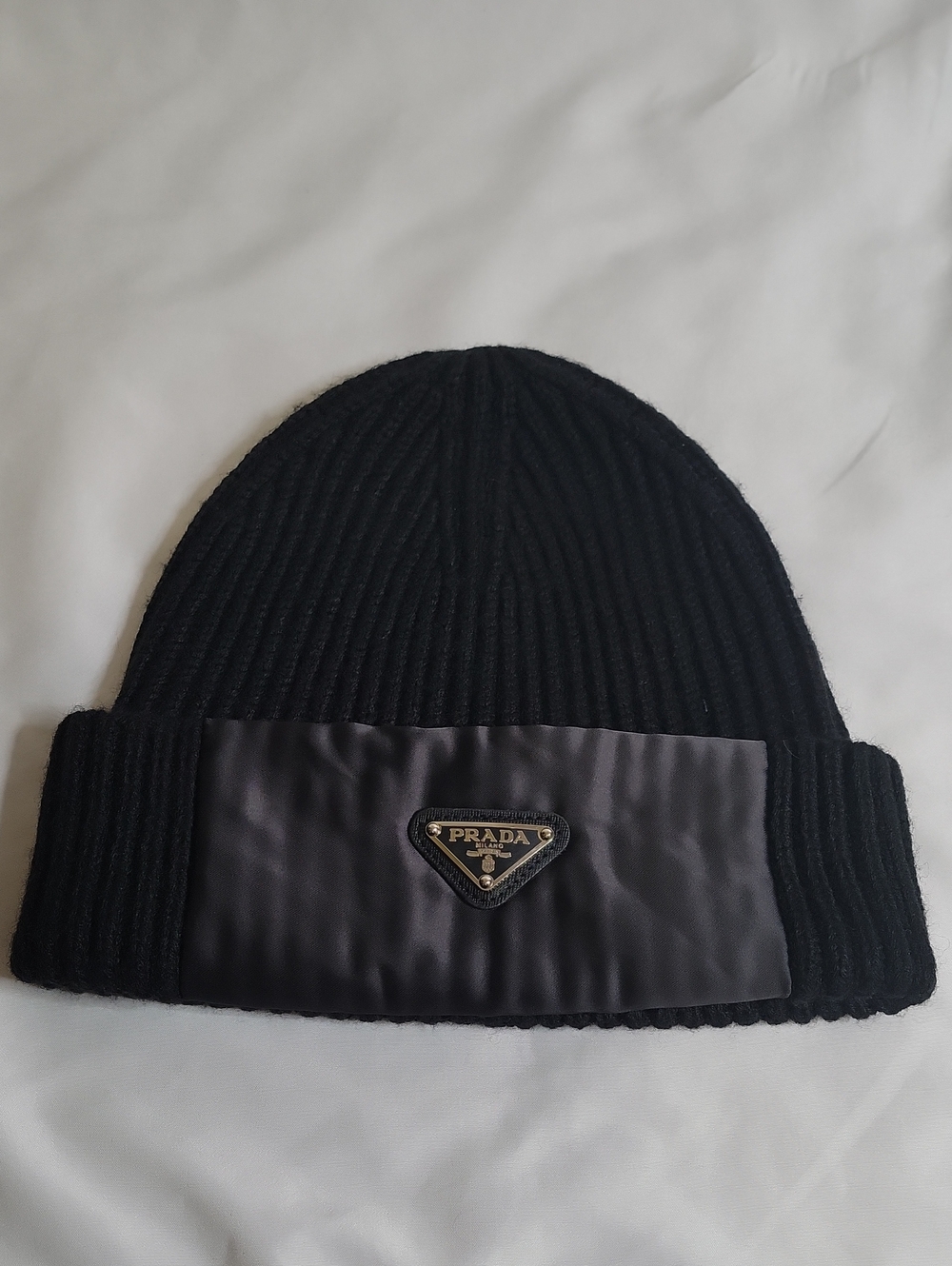Prada Black Ribbed Knit Beanie with Logo Plaque